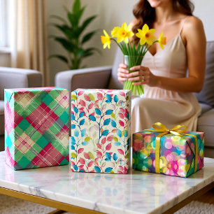 Colorful Floral Plaid Celebration Set of 3 Wrapping Paper Sheets