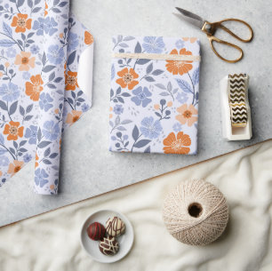 Colorful Floral Print - Orange Wrapping Paper Roll