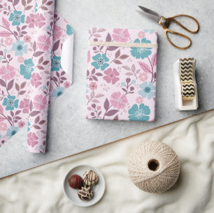 Colorful Floral Print - Teal Wrapping Paper Roll