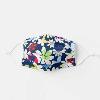 Colorful Floral Print White Flowers Dark Navy Blue Adult Cloth Face Mask by inspirationzstore at Zazzle