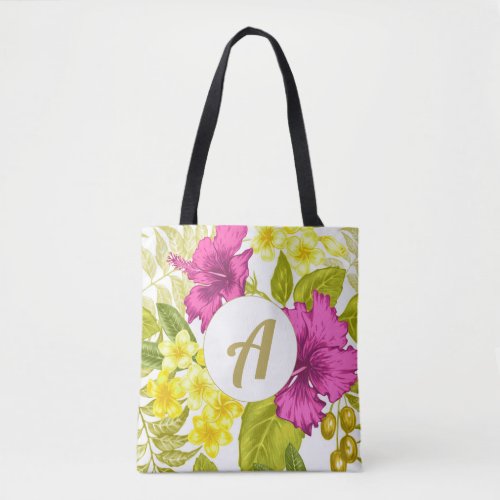 Colorful Floral Print with Monogram Tote Bag