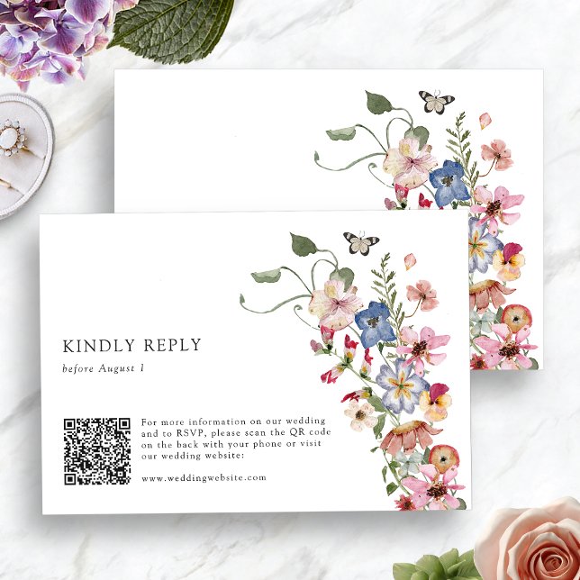 Colorful Floral QR Code RSVP Card (Colorful Watercolor Floral QR Code RSVP Card by Painted Paperie)