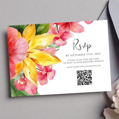 Colorful Floral QR Code Tropical Wedding RSVP Card