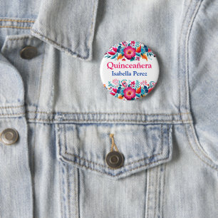 Colorful Floral Quinceanera Mexican Fiesta Button