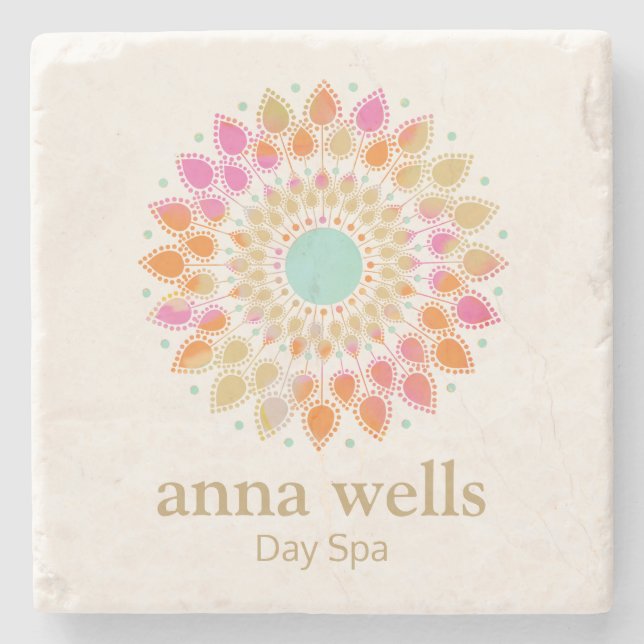Colorful Floral Rainbow Lotus Flower Mandala   Stone Coaster (Front)