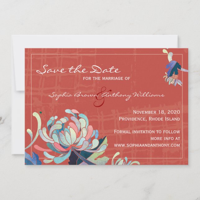 Colorful Floral Red Wedding Save the Date (Front)