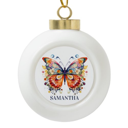 Colorful Floral Retro Butterfly Ceramic Ball Christmas Ornament