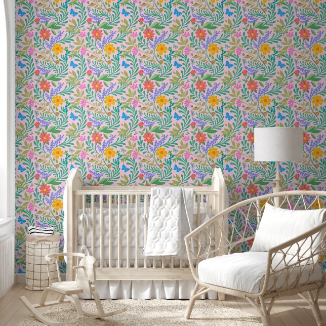 Colorful Floral Retro Cute Funny Girly Pastel Pink Wallpaper (Kids)