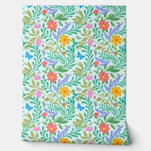  Colorful Floral Retro Cute Funny Pastel Teal Blue Wallpaper