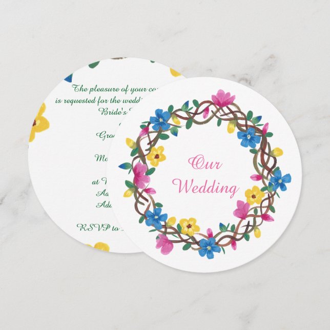 Colorful Floral Round Vine Wreathe Invitations (Front/Back)