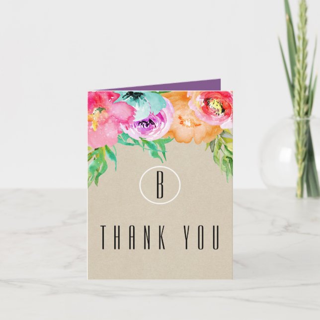Colorful Floral Rustic Modern Kraft Thank You Card (Front)