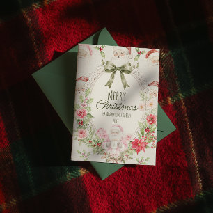 Colorful Floral Santa Clause Green Bow Christmas Holiday Card