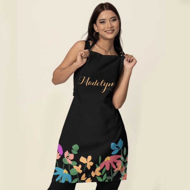 Colorful floral Script Name Personalized Apron (Personalized colorful florals on black apron.)