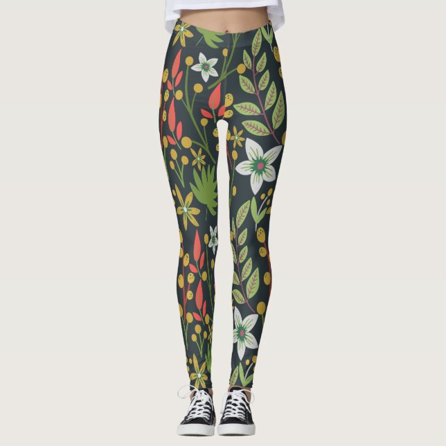Colorful floral seamless pattern flowers and leave leggings (Front)
