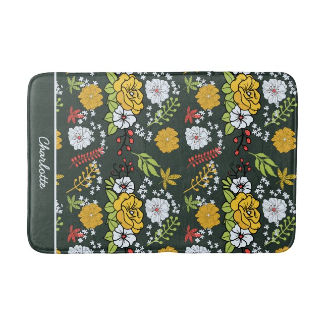 Colorful floral seamless pattern personalized name bath mat (Front)