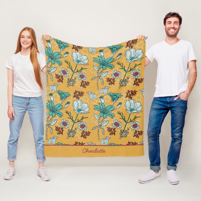 Colorful floral seamless pattern personalized name fleece blanket (In Situ)