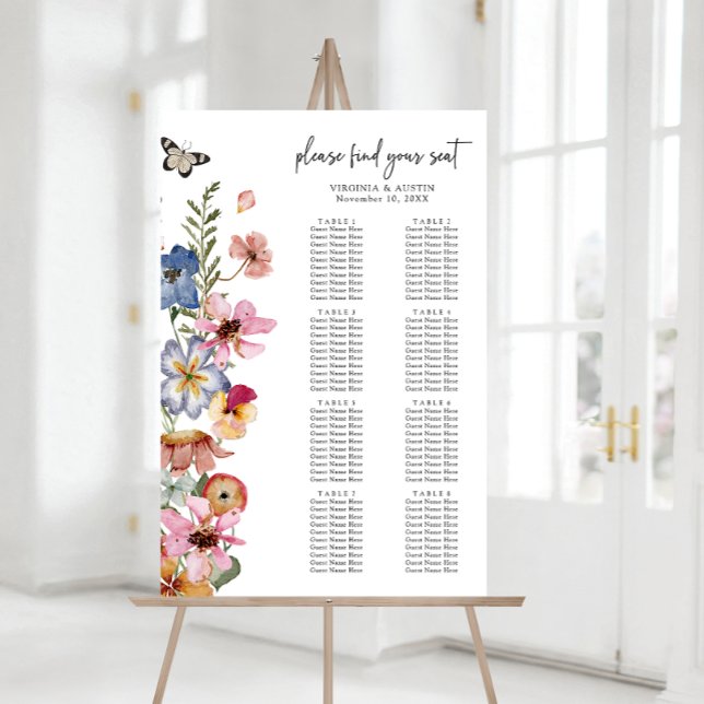 Colorful Floral Seating Chart Foam Board (Colorful Watercolor Floral Seating Chart Foam Board with Butterfly by Painted Paperie
)