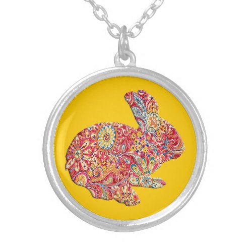 Colorful Floral Silhouette Easter Bunny Necklace