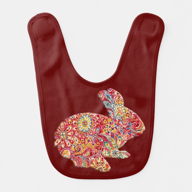 Colorful Floral Silhouette Rabbit Baby Bib (Front)