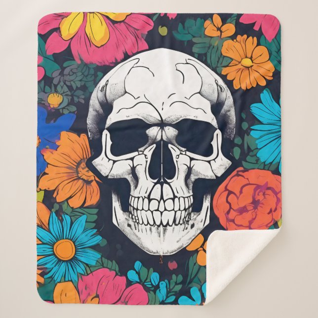 Colorful, Floral Skull Art Sherpa Blanket (Front)