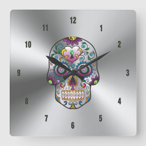 Colorful Floral Skull On Metallic Stainless Steel Square Wall Clock