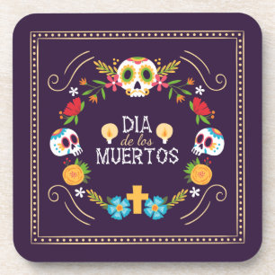 Colorful Floral Skulls Dia de Muertos   Coaster
