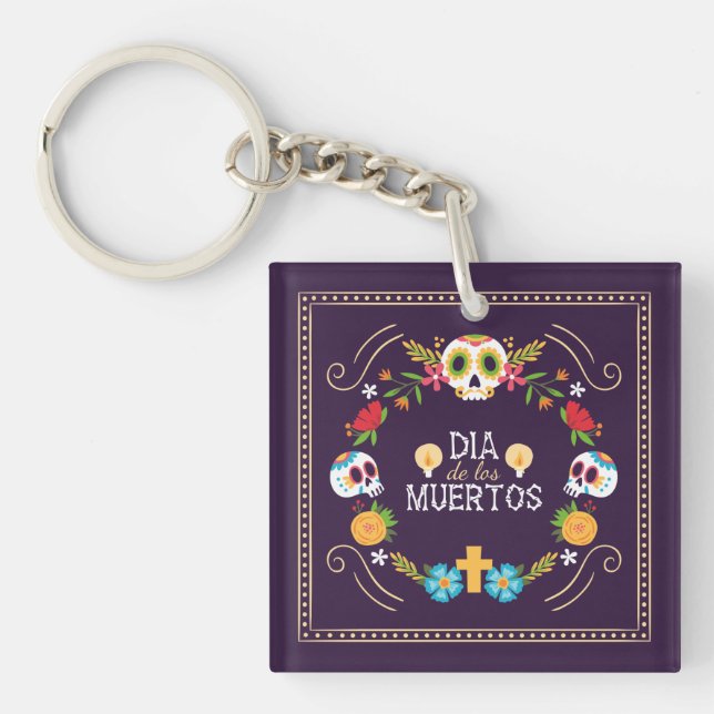 Colorful Floral Skulls Dia de Muertos | Keychain (Front)