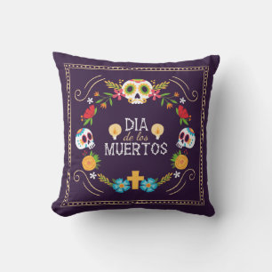 Colorful Floral Skulls Dia de Muertos Throw Pillow