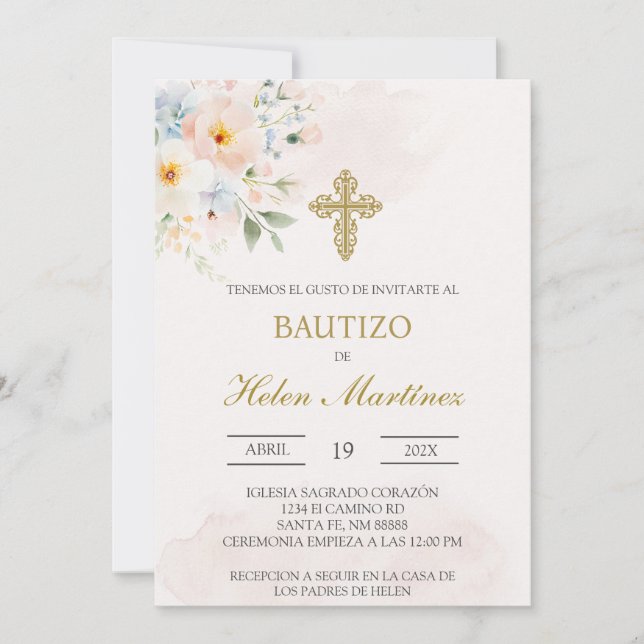Colorful floral Spanish baptism Invitation (Front)