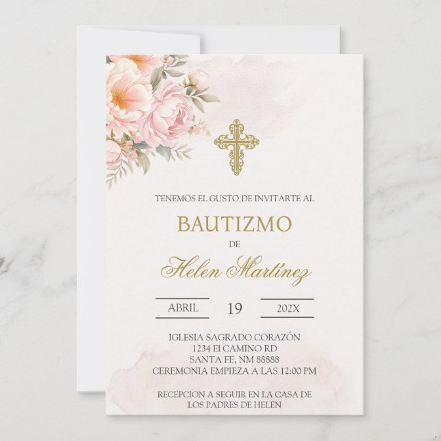 Colorful floral Spanish baptism Invitation (Front)