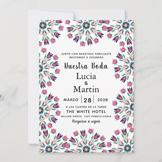Colorful Floral Spanish Nuestra Boda Invitation (Front)