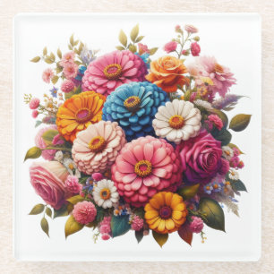 Colorful Floral/Spring Zinnia/Rose Glass Coaster