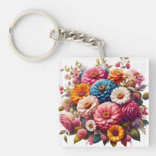 Colorful Floral/Spring Zinnia/Rose Keychain