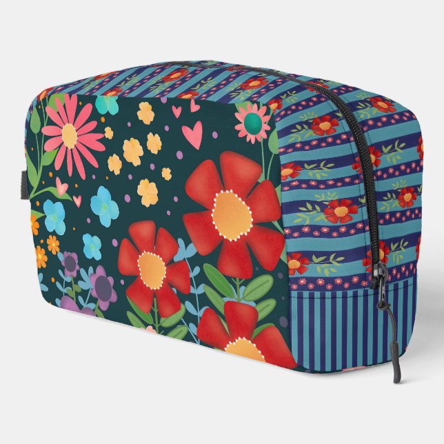 Colorful Floral Stripe Red Blue Cheerful Dopp Kit (Right Corner)