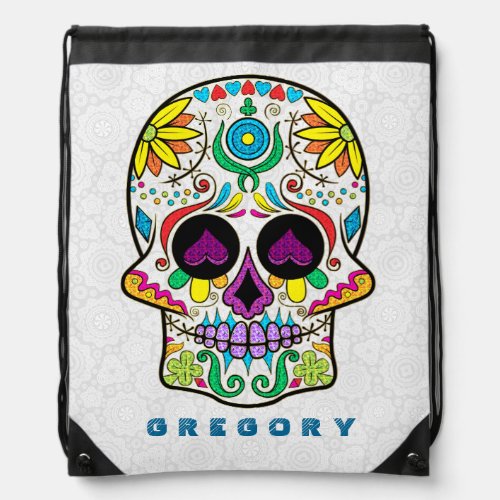Colorful Floral Sugar Skull 3 Drawstring Bag