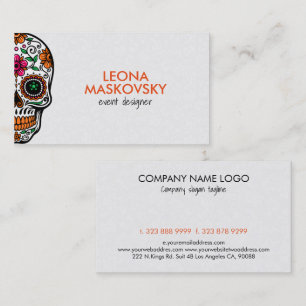 Colorful Floral Sugar Skull 3 & White Background Business Card