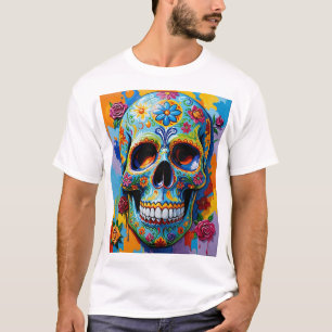Colorful Floral Sugar Skull Art T-Shirt Design