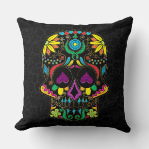Colorful Floral Sugar Skull Black Background Throw Pillow