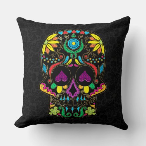 Colorful Floral Sugar Skull Black Background Throw Pillow