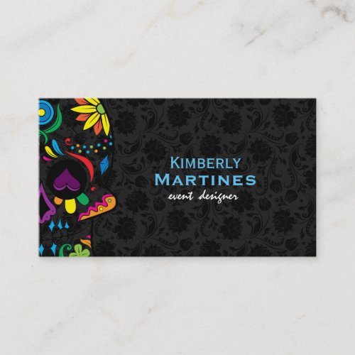 Colorful Floral Sugar Skull  Black Damasks 2 Business Card