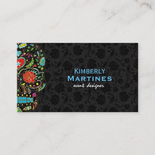 Colorful Floral Sugar Skull  Black Damasks Business Card