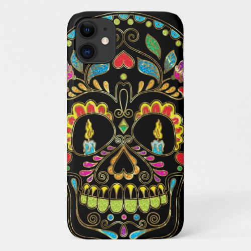Colorful Floral Sugar Skull Burning Candles iPhone 11 Case
