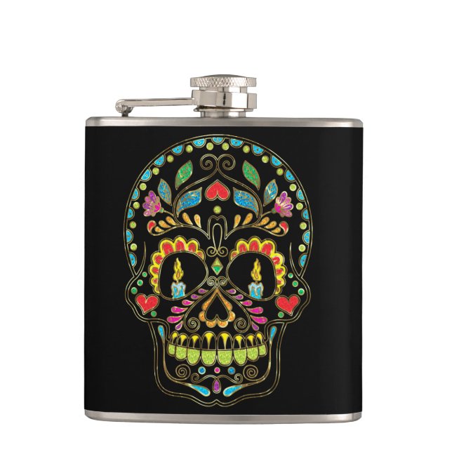 Colorful Floral Sugar Skull Burning Candles Hip Flask (Front)