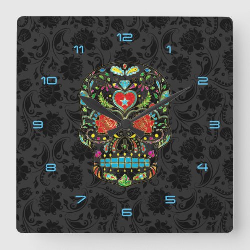 Colorful Floral Sugar Skull Glitter And Gold 2 Square Wall Clock