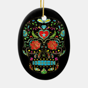 Colorful Floral Sugar Skull Glitter And Gold Ceramic Ornament