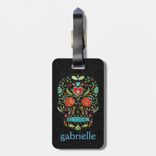 Colorful Floral Sugar Skull Glitter And Gold Luggage Tag