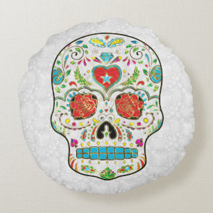 Colorful Floral Sugar Skull Glitter And Gold Round Pillow