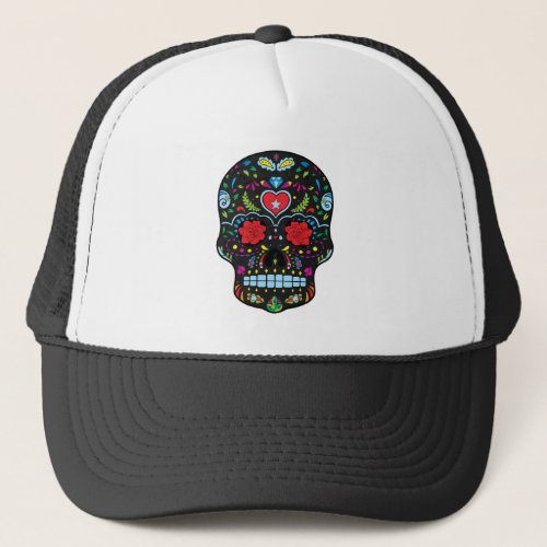 Colorful Floral Sugar Skull Glitter And Gold Trucker Hat
