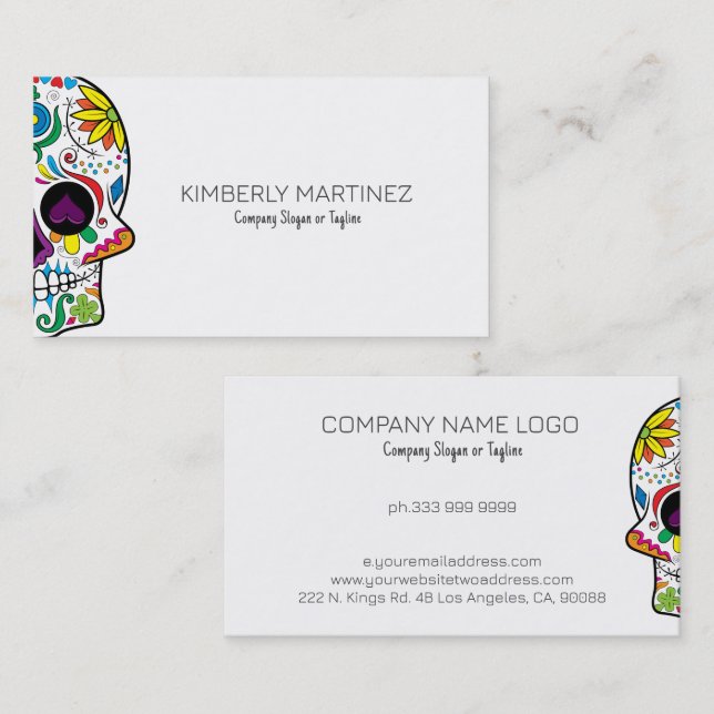 Colorful Floral Sugar Skull on White Business Card (Front/Back)
