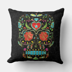 Colorful Floral Sugar Skull Red Roses Throw Pillow